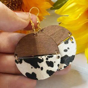Wood & Cow Print Round Hinged Dangle Drop Earrings 90s 2000s Party Animal print